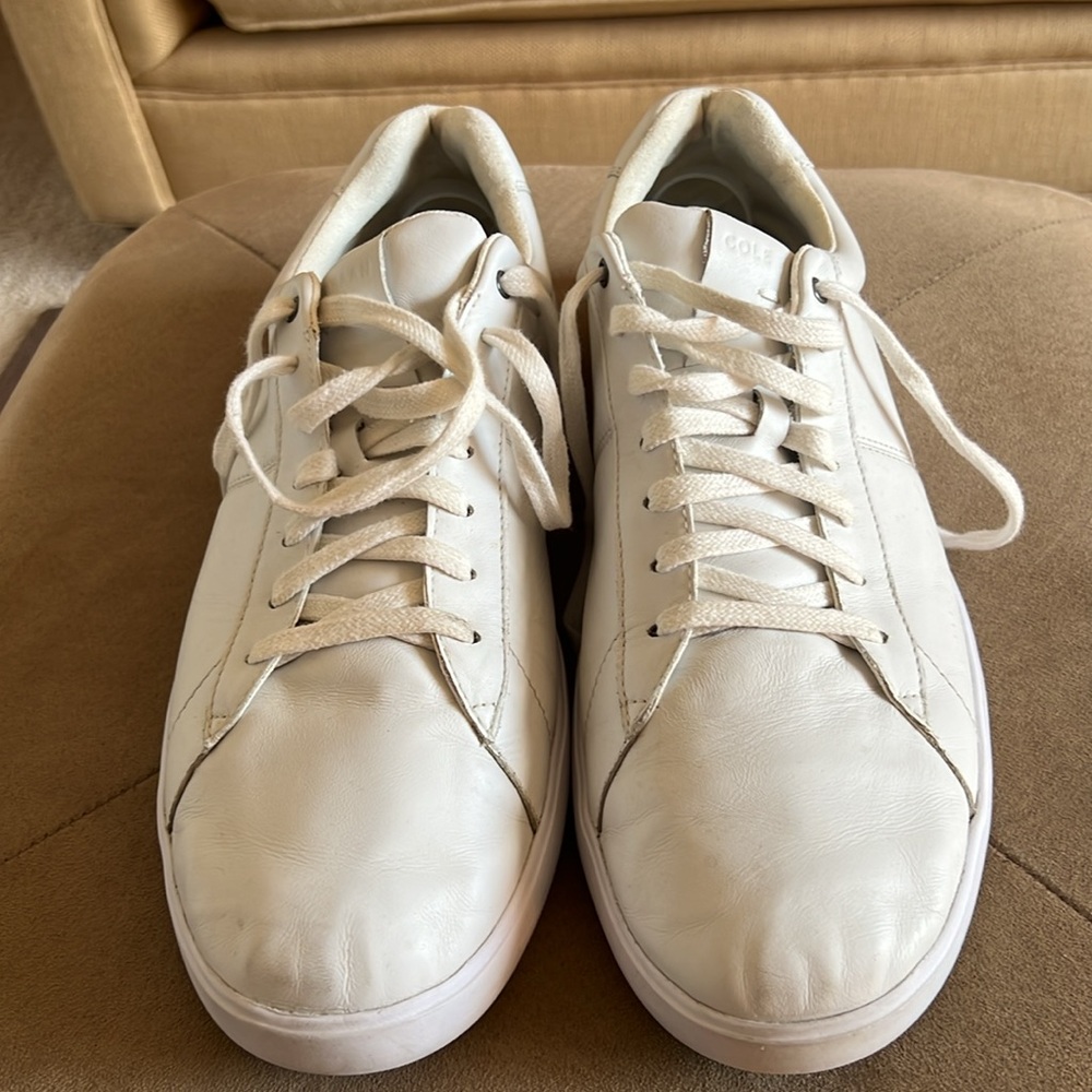 Cole Haan White Sneakers with Textured Leather Upper and Low-Top Design.